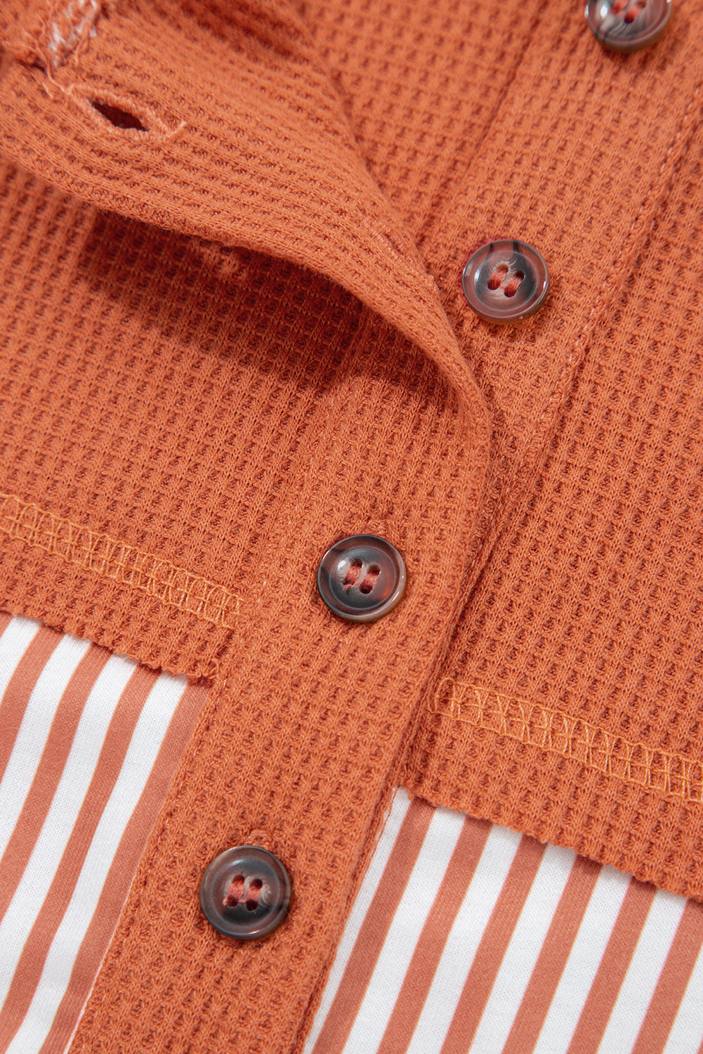 White Waffle Printed Patchwork Drawstring Hooded Long Sleeve Top