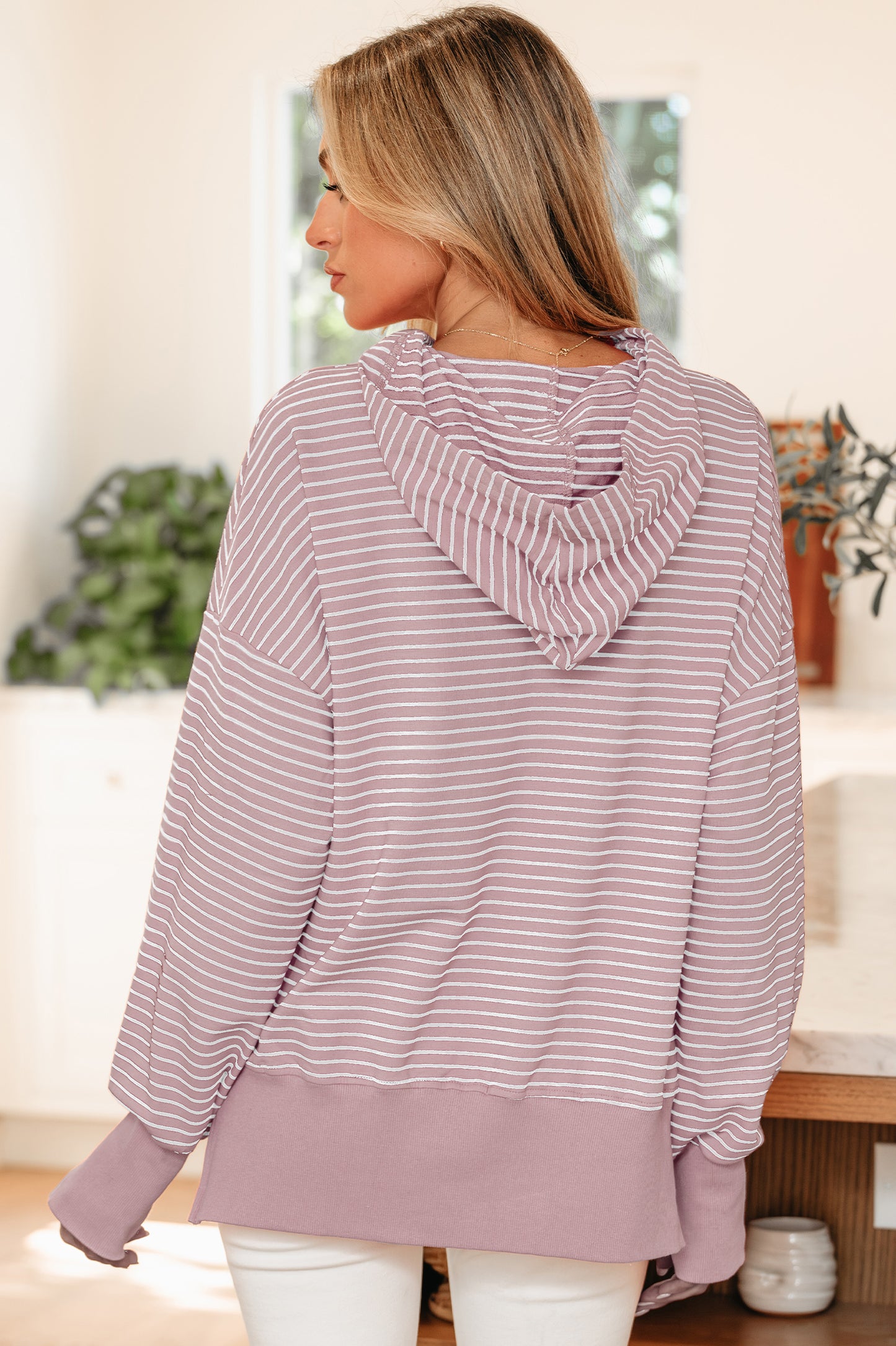 Rose Stripe Thumbhole Side Slits Drop Shoulder Loose Fit Hoodie