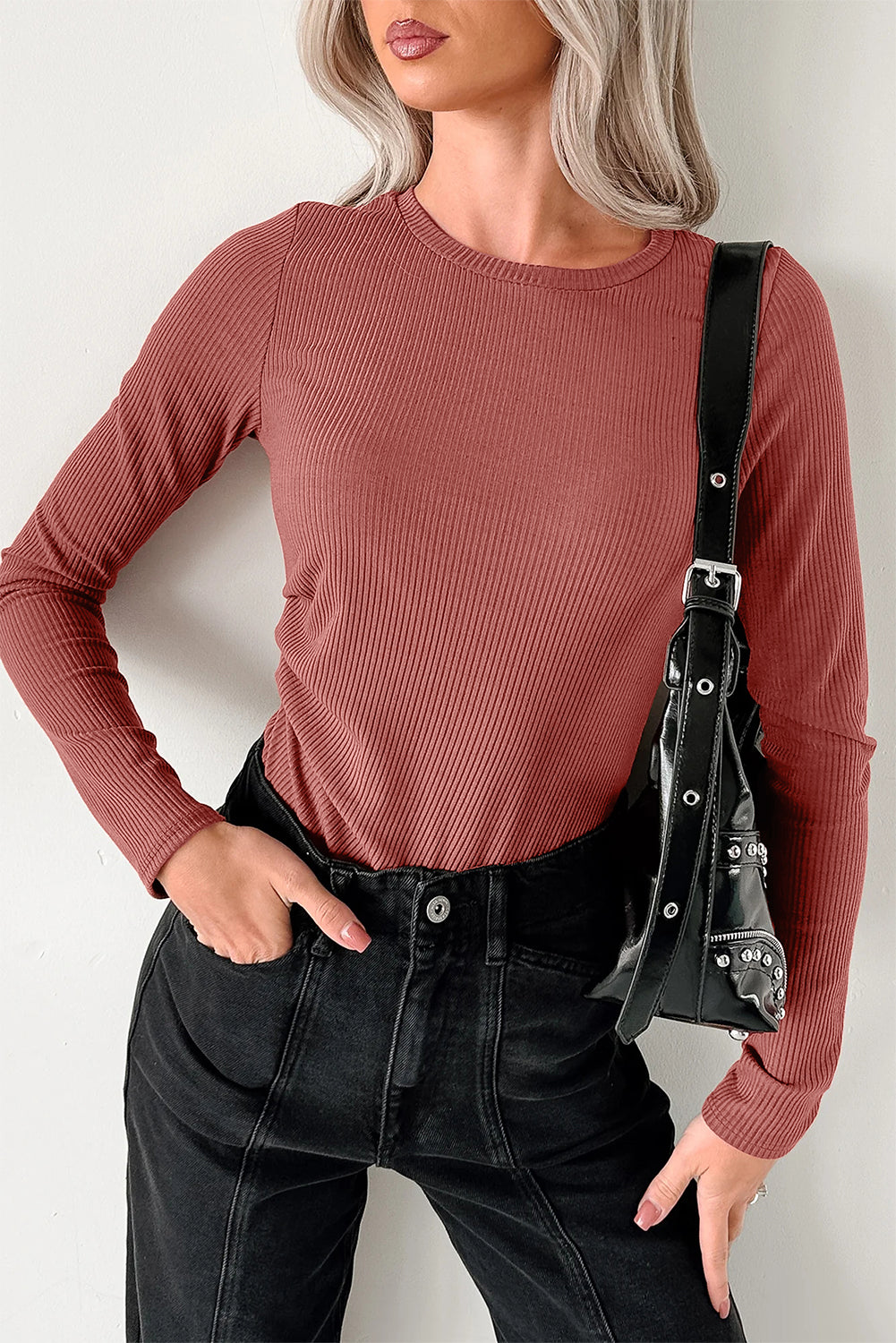 Black Ribbed Long Sleeve Crew Neck Solid Color Bodysuit